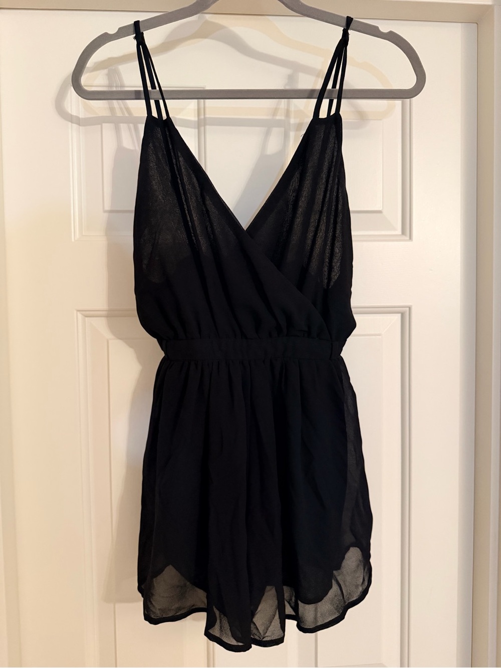 Paper Crane Black Sheer Romper with Double Spaghetti Straps